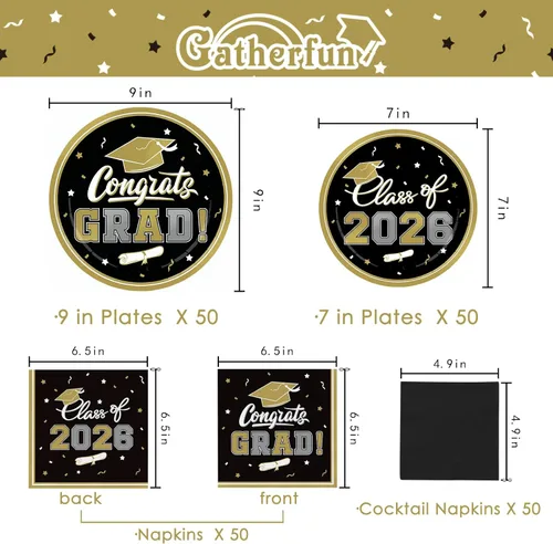 Miniatura 2 de Platos y servilletas de fiesta de graduación, decoraciones de graduación de clase de 2026, platos de papel desechables negros y dorados, servilletas