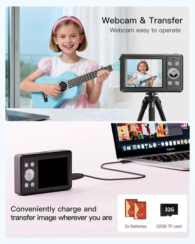 Miniatura 8 de Cámara digital, cámara FHD 1080P para apuntar y disparar con tarjeta SD de 32 GB, 2 baterías, zoom 16X, antivibraciones, diseño pequeño compacto