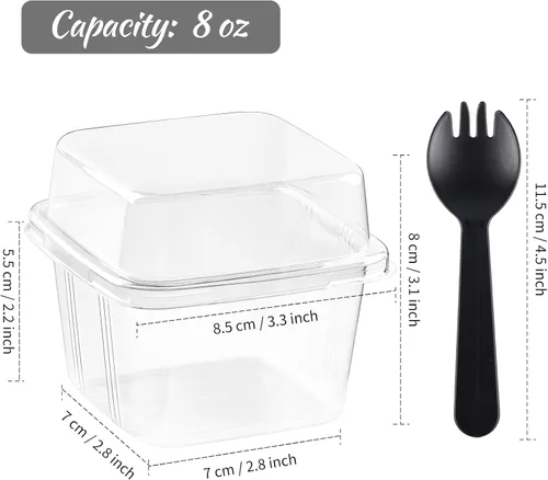Miniatura 2 de Kucoele Paquete de 50 Tazas de Postre de Plástico de 8 oz con Tapas y Sporks, Tazas Cuadradas Transparentes para Pasteles, Recipientes de Postre
