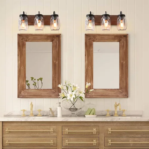 Miniatura 2 de Espejo de tocador de baño con marco de madera para montaje en pared, espejo rústico rectangular horizontal/vertical para sobre lavabo, dormitorio