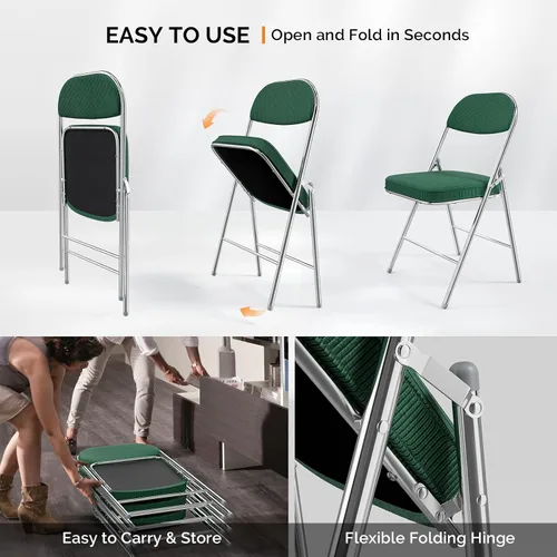 Miniatura 5 de VINGLI Paquete de 4 sillas plegables con asiento y respaldo acolchados, marco de metal, tela de pana duradera, capacidad de 350 libras, juego de 4