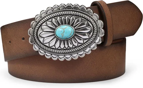TRIWORKS Cinturón de cuero occidental para mujer, estilo vintage, medieval, con hebilla, color turquesa, cinturón de cuero