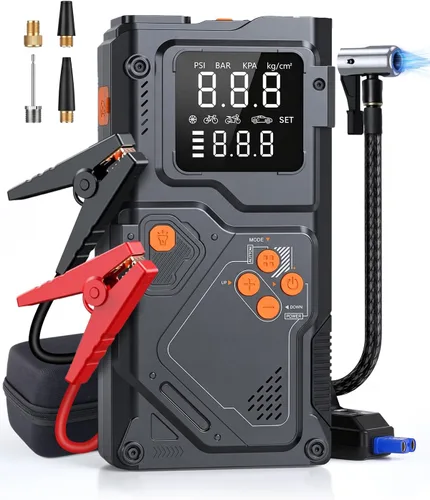 Arrancador de salto con compresor de aire, batería portátil de 12 V con inflador de neumáticos de 150 PSI, banco de energía de emergencia para