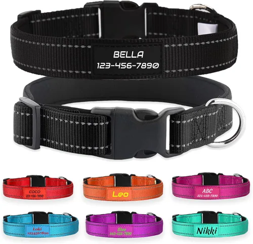 Collar de perro de nailon reflectante personalizado con nombre y número de teléfono personalizados, 5 tamaños y 3 fuentes, acolchado de neopreno