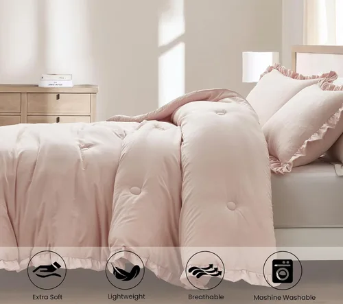 Miniatura 6 de Chezmoi Collection Nora Blush - Juego de edredón tamaño individual, 2 piezas, ligero, suave, lavado a la piedra, con volantes, ropa de cama Shabby