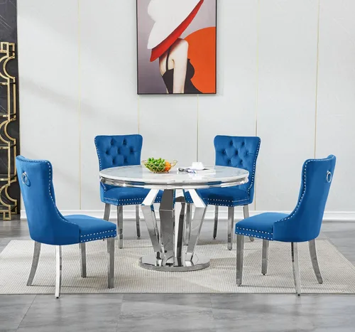 Miniatura 15 de Henf Juego de mesa de comedor redonda de mármol para 6, moderna mesa de comedor de 45 pulgadas con base de acero inoxidable con diseño de diamante