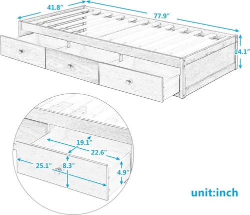 Miniatura 2 de Bellemave Base de cama de plataforma individual con 3 cajones de almacenamiento, cama de madera tamaño individual con listones de soporte, marco