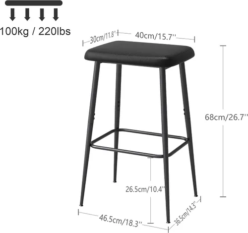 Miniatura 2 de Juego de 2 Taburetes de Bar, Taburetes de Bar de Altura de Mostrador, Taburetes Industriales Modernos con Cojín de Cuero PU, Sillas de Bar con Marco