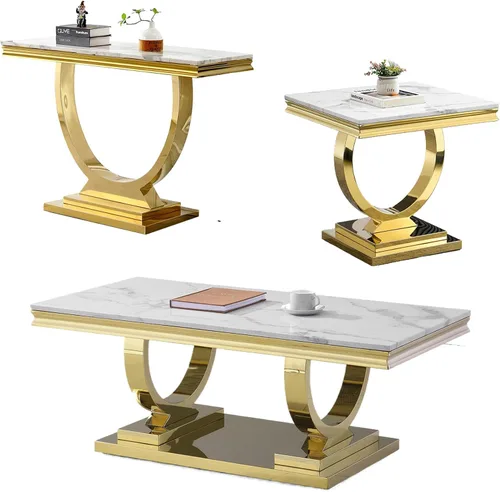Miniatura 16 de Juego de 2 mesas de café de mármol, juego de mesa de sala de estar de 2 piezas que incluye 1 mesa auxiliar y 1 mesa auxiliar, moderna mesa auxiliar