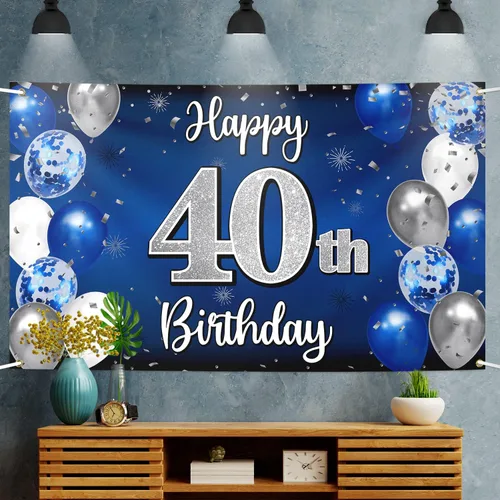 Miniatura 5 de Decoraciones de Feliz Cumpleaños 40, Globo Azul y Plateado 40 Pancarta Grande de Fondo Letrero de Cumpleaños, Salud por Cuarenta Años Suministros 40º