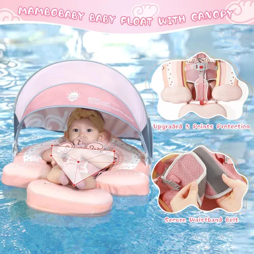Miniatura 2 de Mambobaby Flotador de piscina para bebé con toldo extraíble – Flotador de natación infantil no inflable con diseño de cola antideslizante