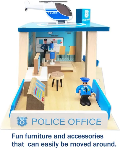 Miniatura 5 de Juego de juguete de estación de policía de madera, set de casa de muñecas de juego de simulación multicolor de 3 niveles con figuras, coche