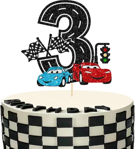 Miniatura 8 de Ephlyn 1 pieza de decoración para tarta de primer cumpleaños de coche de carreras con purpurina, decoración de tarta 1er cumpleaños para bandera a