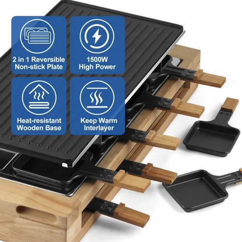 Miniatura 4 de CUSIMAX - Parrilla de mesa de raclette para interiores, parrilla eléctrica de 1500 W con placa antiadherente reversible 2 en 1/base de madera