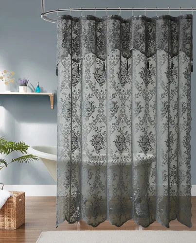 Miniatura 11 de Warm Home Designs Cortina de Ducha para Cabina Negra de 36 x 72 Pulgadas con Cenefa Adjunta y 4 Borlas. Cortina de Ducha Pequeña de Encaje de Lujo