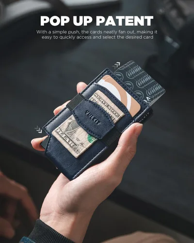 Miniatura 2 de VULKIT Billetera desplegable para tarjetas con correa de dinero, bolsillo frontal de cuero, con ventana de identificación, bloqueo RFID, funda