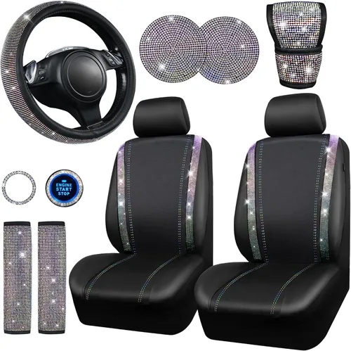 Miniatura 21 de CAR PASS Juego de fundas de asiento de coche con diamantes brillantes de 11 piezas, accesorios de coche con diamantes brillantes para mujer, funda