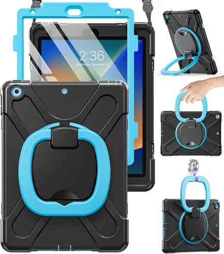 Miniatura 12 de BRAECN Funda para iPad de 9ª/8ª/7ª generación, resistente funda de silicona apta para niños con soporte plegable/asa para lápices, correa de hombro