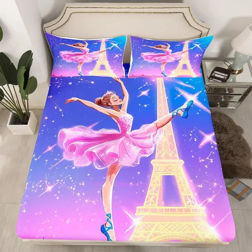 Miniatura 8 de Juego de ropa de cama Kawaii tamaño individual, sábana bajera ajustable de dibujos animados para niños y niñas, juego de ropa de cama de ballet
