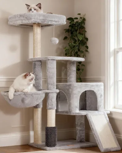 Miniatura 14 de Heybly Árbol de Gato con Cepillo Auto-Limpieza, Torre de Gato para Interior con Nido Acolchado, Casa de Gato con Cesta, Tabla de Rascar y Poste