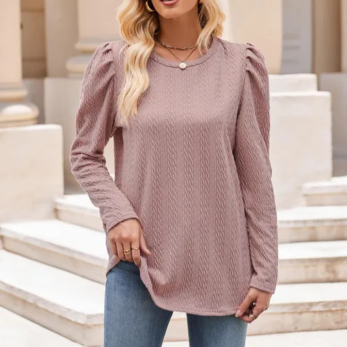 Miniatura 4 de Camiseta de manga larga jacquard de punto de color sólido para otoño e invierno para mujer, cuello en V, tops de verano para mujer Plus