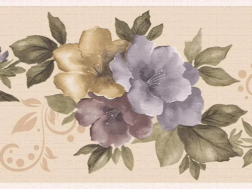 Dundee Deco Papel tapiz con borde para despegar y pegar DDAZBD9221, flores florales, moradas, amarillas, verdes, diseño retro, 15 pies x 7 pulgadas