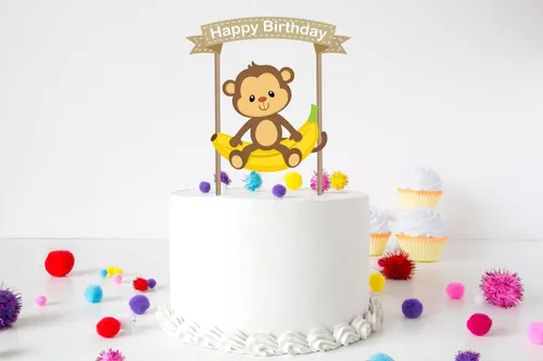 Miniatura 3 de Decoración para pastel de mono, bonita decoración de cumpleaños de safari en la selva para niños, tema de plátano, zoológico, suministros de fiesta