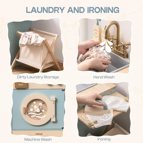 Miniatura 3 de ROBOTIME Juego de lavadora de cocina de juguete, lavadora de juguetes de madera para niños con cesta de ropa, plancha y fregadero, juguete de cocina