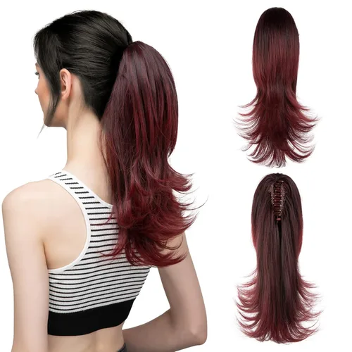 Miniatura 12 de CJL HAIR - Extensión de cola de caballo con clip de garra corto, cordón elástico, cabello rizado falso, balayage, pieza de cabello sintético, fibra