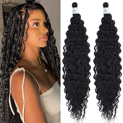 Miniatura 21 de Cabello para trenzar rizado ondulado negro 1B preestirado de onda oceánica profunda de ganchillo bohemio para trenzar de 16 pulgadas, 2 paquetes