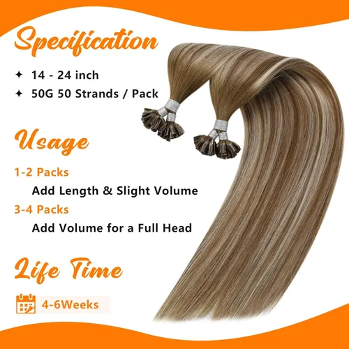Miniatura 3 de Sunny Hair - Extensiones de cabello humano U-tip, balayage, extensiones de cabello humano castaño con rubio degradado, K-tip, extensiones de cabello