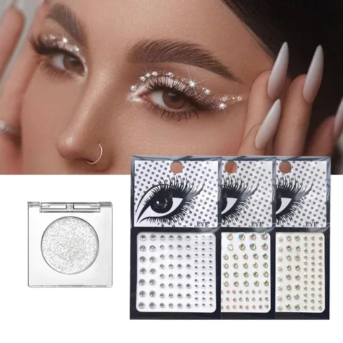 Miniatura 2 de Sombra de ojos con purpurina plateada y 3 piezas de gemas faciales en barra, sombra de ojos y joyas para el cabello, diamantes de imitación