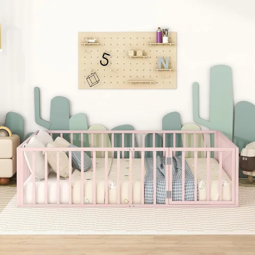 Miniatura 21 de Base de cama individual para niños, cama Montessori de metal con rieles y puerta, marco de cama de tamaño individual con barandillas