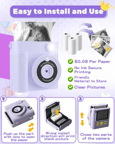 Miniatura 4 de Cámara de impresión instantánea para niños, regalos de cumpleaños de Navidad para niñas y niños de 3 a 12 años, cámaras de video digitales HD
