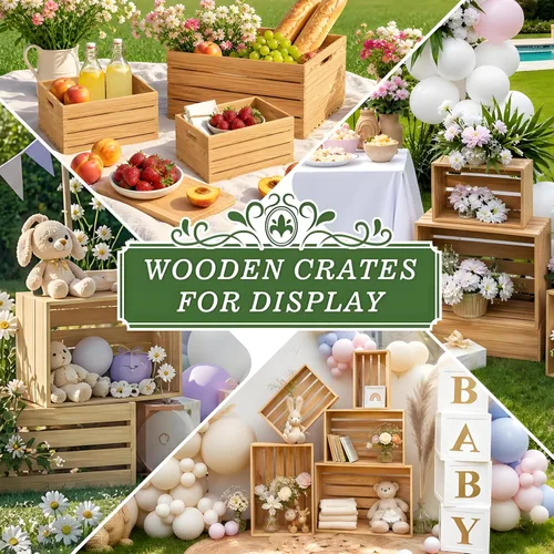 Miniatura 7 de 5 piezas de cajas de madera decorativas para exhibición, 5 tamaños grandes de cesta de madera estilo granja para contenedor de almacenamiento