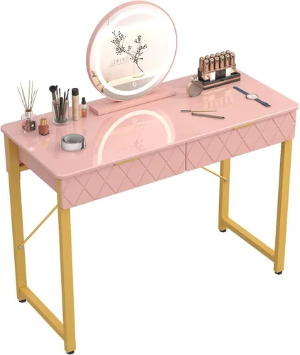 WESTREE Mesa de Tocador con 2 Cajones y Estante de Almacenamiento, Mesa de Maquillaje Moderna con Escritorio Brillante, Escritorio de Marco Dorado