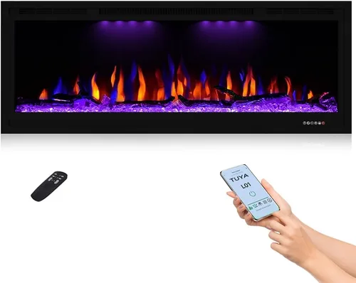 Lujosa chimenea eléctrica inteligente WiFi de 42 pulgadas, calentador de chimenea empotrado y montado en la pared, color de llama ajustable, control