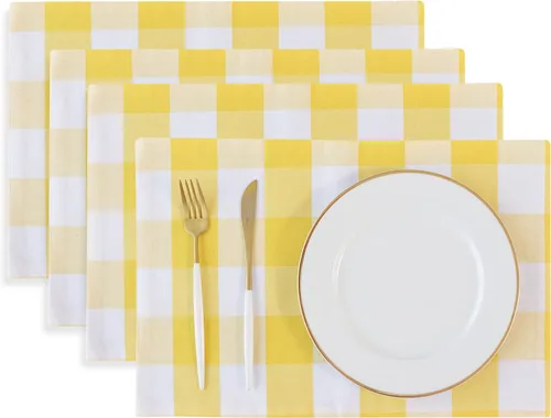 Juego de 4 manteles individuales de algodón de 2 lados a cuadros amarillos y blancos, resistentes al calor, para mesa de cocina, 12 x 18 pulgadas