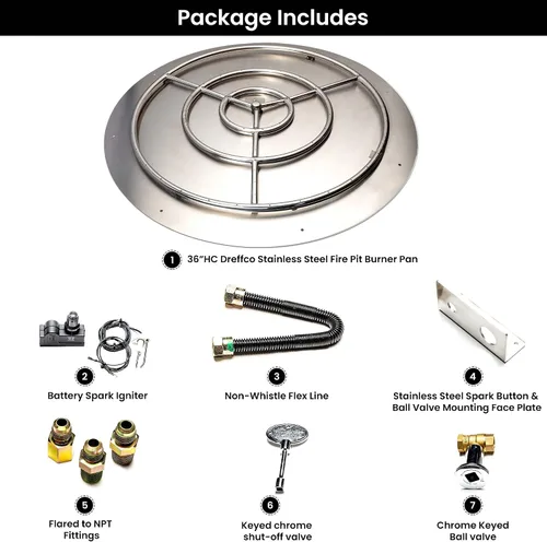 Miniatura 8 de Kit estándar de quemador de fogata de acero inoxidable Dreffco con anillo y sartén y encendido por chispa para gas natural, sartén de 36 pulgadas