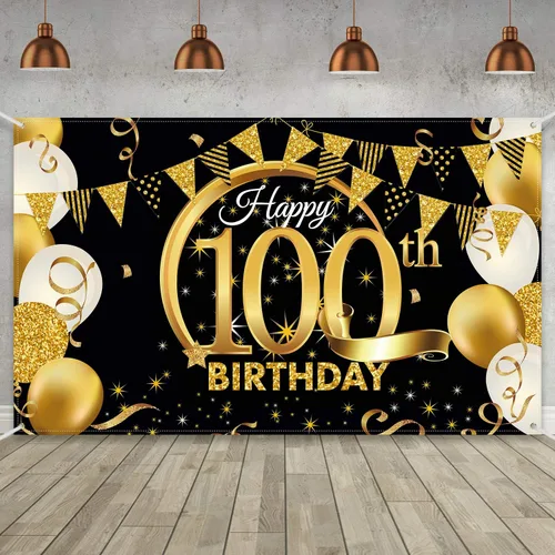 Miniatura 15 de Decoración de fiesta de cumpleaños número 15, cartel póster de tela extra grande negro y dorado para telón de fondo de cabina de fotos