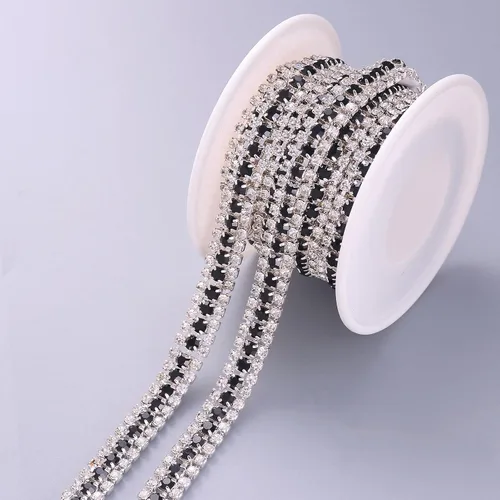 Miniatura 2 de Jerler Cadena de cierre de diamantes de imitación de 3 filas de 2 yardas para manualidades, bodas y decoración de ropa (negro, 3 filas-2 yardas)