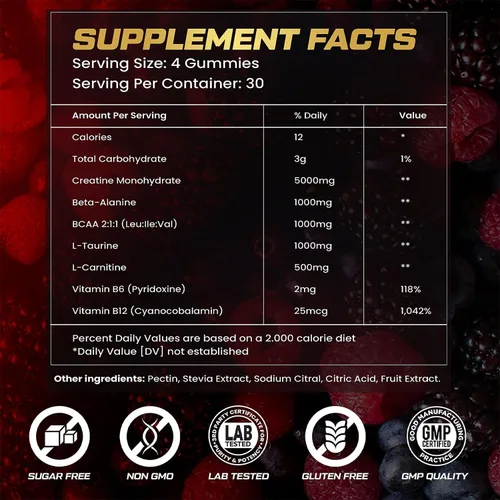 Miniatura 7 de kukaly Gomitas de monohidrato de creatina para hombres y mujeres, gomitas de creatina de 9000 mg sin azúcar, sabor mezclado con L-taurina, BCAA 2:1