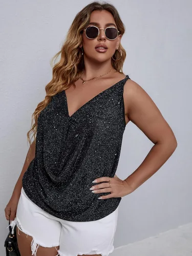 Miniatura 5 de Floerns Camiseta sin mangas con cuello drapeado con purpurina para mujer, talla grande