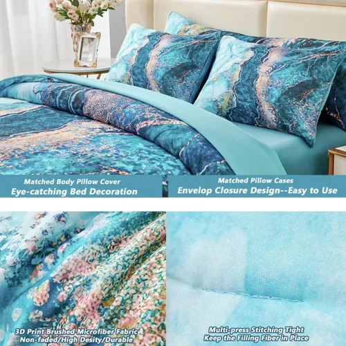 Miniatura 6 de PERFEMET Juego de ropa de cama edredón de 6 piezas para cama California King en una bolsa, patrón de mármol acuarela, juego de edredón estético arte