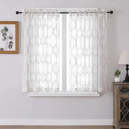 Miniatura 41 de VISIONTEX Cortinas traslúcidas blancas de 63 pulgadas de largo, juego de 2 paneles de bordado marroquí con puntos beige, tela de gasa bordada