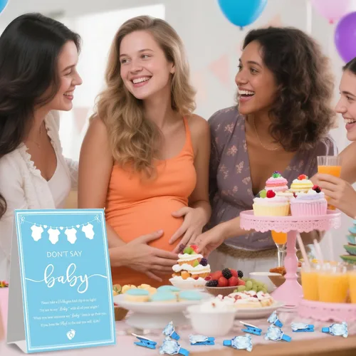 Miniatura 5 de Don't Say Baby Game, juegos de baby shower para niños, 1 letrero azul decorativo y 50 mini pinzas azules para la ropa, ideas de decoración