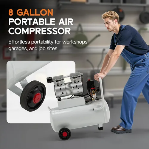 Miniatura 7 de Albott Compresor de aire de 8 galones con válvula de drenaje automática, tanque de compresor de aire sin aceite de 1.0 HP con ruedas, nivel de ruido
