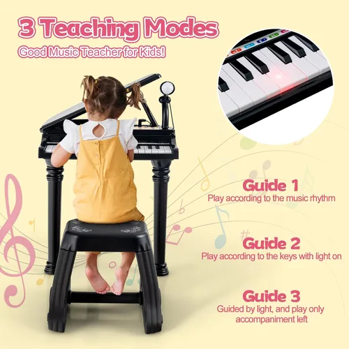 Miniatura 2 de HONEY JOY Piano clásico para niños, mini piano de cola de juguete de 31 teclas con soporte de música y taburete, piano electrónico portátil