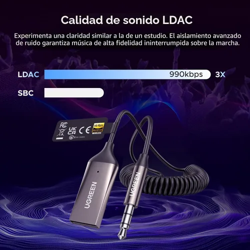 Miniatura 2 de UGREEN Adaptador auxiliar para automóvil Bluetooth 6.0 con LDAC, adaptador auxiliar de 0.138 in micrófono incorporado, receptor de audio Bluetooth