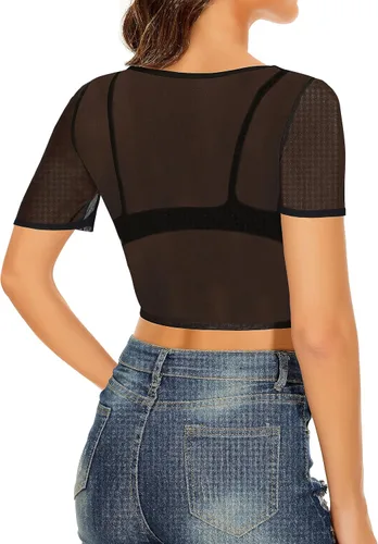 Miniatura 3 de Blusa de malla transparente para mujer, manga corta, manga larga, entallada, para discoteca